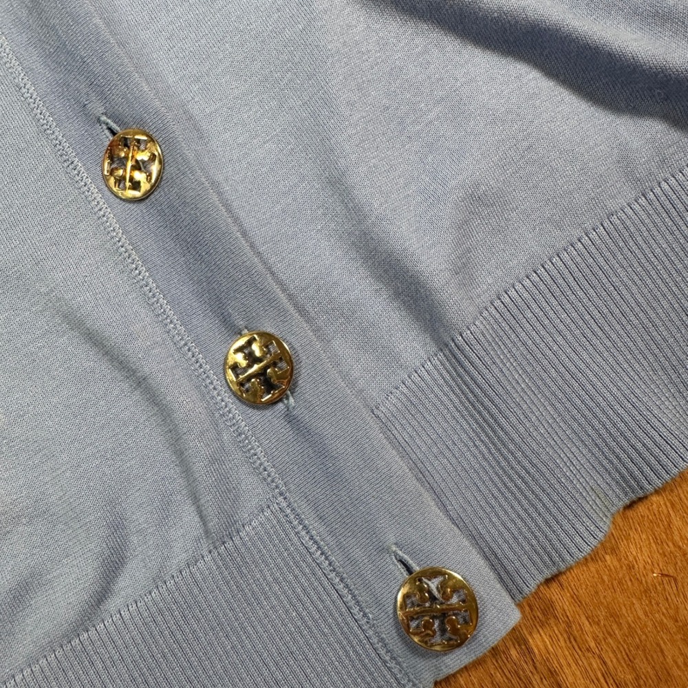 Tory Burch Cardigan Womens M Blue Cotton Gold Logo Button V Neck Sweater - Picture 7 of 16